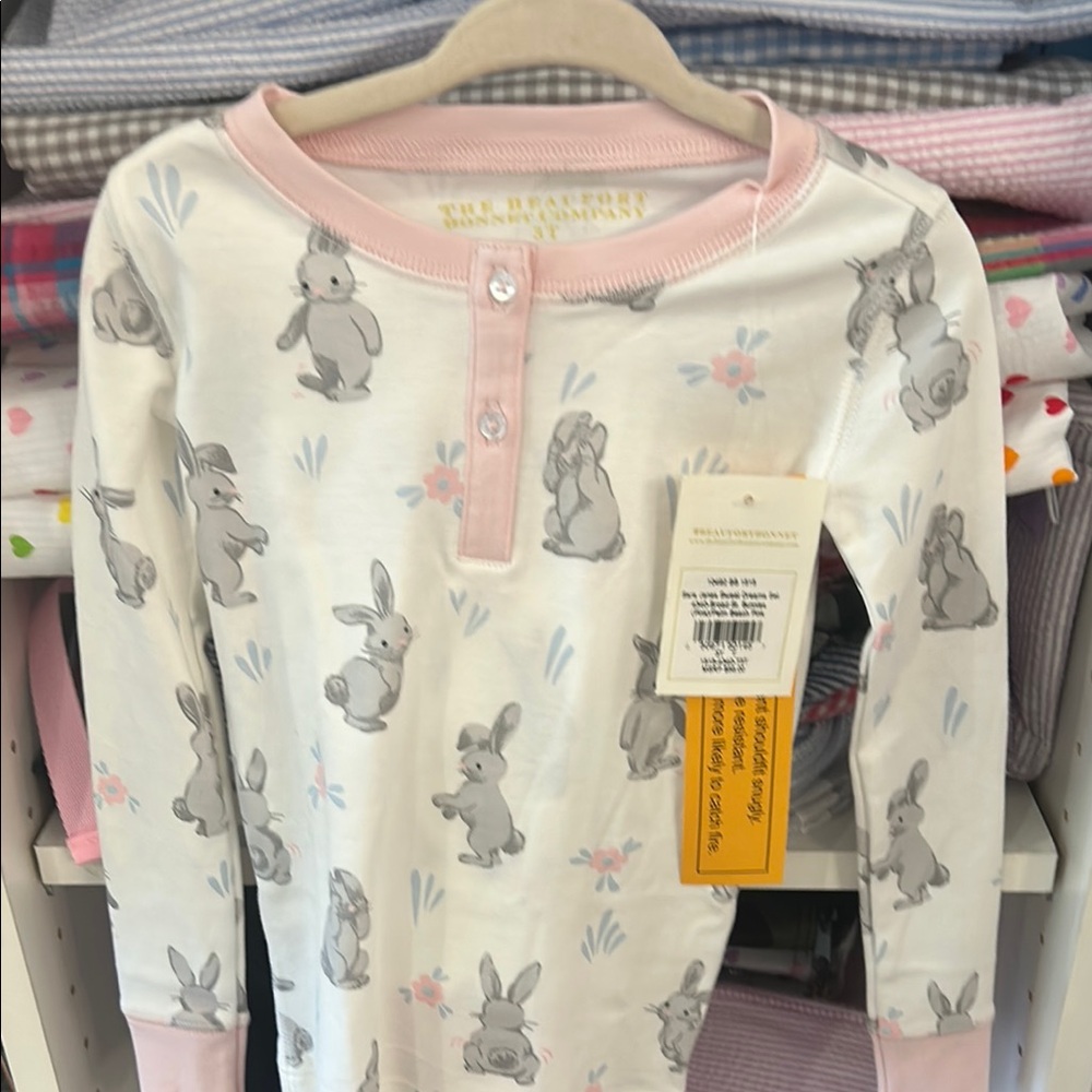 NWT The Beaufort Bonnet Company Pink and White Bunny Kids Pajamas